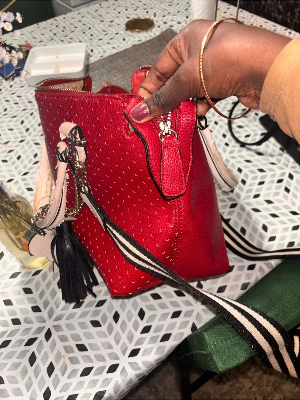 Guess Red Shoulder Bag with White Handles and Striped Strap
